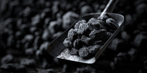 Coal on a shovel against the background of a pile - 3d illustration, the concept of rising coal prices - obrazy, fototapety, plakaty