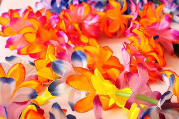Obraz na płótnie Canvas Composition of flowers and shells. Paraphernalia, environment Thai, Hawaiian massage. Banner for advertising Thai massage.