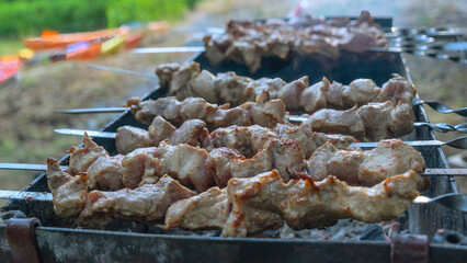 Selective focus. Cooking barbecue on the mangal in nature. Grilled tasty meet cooking on the party