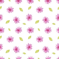 Watercolor pink flowers seamless pattern illustration isolated on white background. Botanical painting.