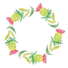 Artichoke wreath illustration isolated on white background. Watercolor flower frame botanical painting.
