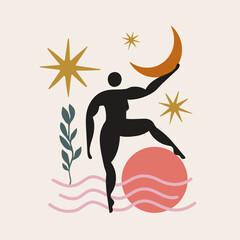 Vector abstract illustration with woman silhouette, stars, sun and young moon. Inspirational nature lover print design, holistic healing meditation, reiki new age concept art, modern female abstract