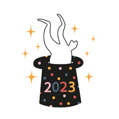 Vector celebration illustration of Chinese New Year 2023 symbol, year of the rabbit. White rabbit jumps into the conjurer hat. Trendy party print design with hare and calligraphy