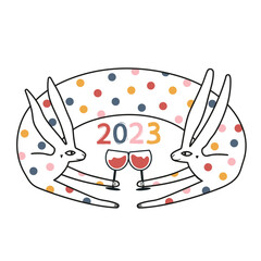 Vector celebration illustration of Chinese New Year 2023 symbol, rabbits with red wine glasses. Party typography poster with black line art animal, abstract confetti print