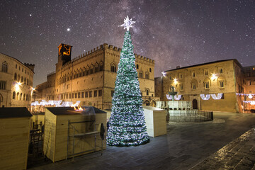 View of christmas tree in the main square of Perugia in Umbria Italy