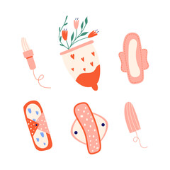 Female regular menstrual pad, cycle concept. Women period, menstruation, premenstrual syndrome, uterus. Hand draw vector illustrations. - 519786928