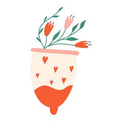 Menstrual cup with flowers. Female regular menstrual cycle concept. Women period, menstruation, premenstrual syndrome, uterus. Hand draw vector illustrations. - 519786941