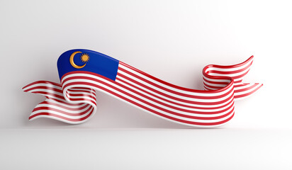 Malaysia independence day decoration background with ribbon waving flag, copy space text, 3D rendering illustration