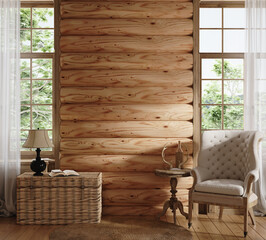 Naklejka premium Home mockup, cozy log cabin interior background, 3d render