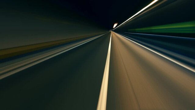 Light trail in tunnel. Driving through tunnel, fish-eye, time-lapse, motion blur