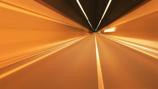 Light trail in tunnel. Driving through tunnel, fish-eye, time-lapse, motion blur