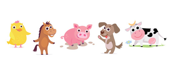 Obraz na płótnie Canvas Set of simple cute animals: horse, cow, dog, pig, chicken