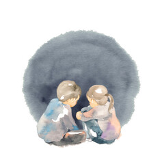 背中を丸めて座る兄妹、夜の闇