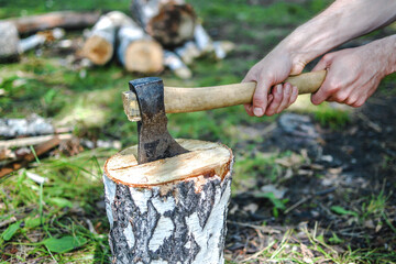 A man is chopping a birch log with an axe. Picnic and outdoor recreation