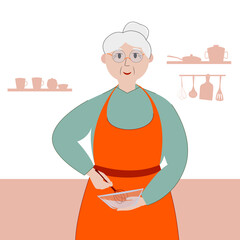 An elderly woman prepares food. a happy grandmother stands in an apron and holds a bowl with a whisk.