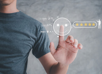 Five star customer satisfaction rating review.quality of service or product. Concept.User give...