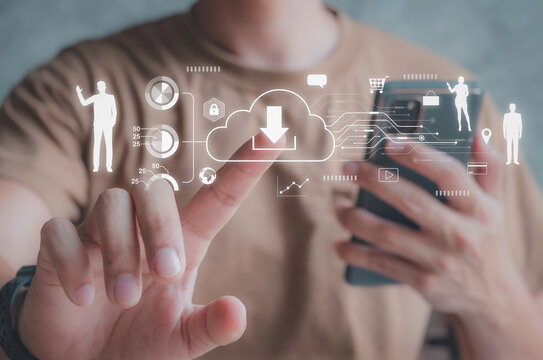 Man presses download button data.computing is system for sharing download and people's information big data.center cloud people data.