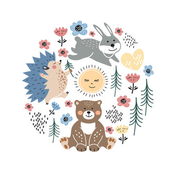 Round emblem with a hedgehogs, firs, bear, hares. Children's illustration.