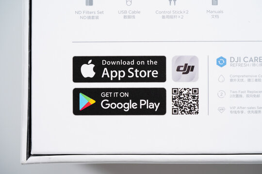 PENANG, MALAYSIA - JUL 02, 2020: Apple App Store and Google Play Store logo at the back of the DJI Mavic Air 2 drone box