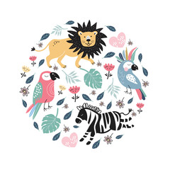 Round emblem with colorful parrots, lion and zebra. Tropical birds. Children's illustration.