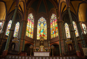 Colorful interior of Saint-Eugene-Sainte-Cecile neo-gothic church in Paris, France. Decor details. 