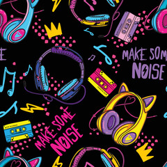 Abstract seamless pattern with headphones, .  Girlish gaming fashion  bright background for textile © SokolArtStudio
