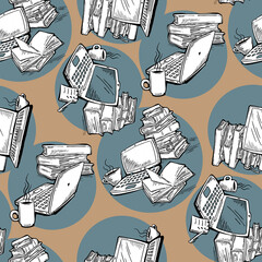 Pattern study with books and laptop, Student, kids textile print, fabric design, wrapping paper, scrapbook, background and more. Back to school theme hand drawn illustration. Cartoon style drawing.