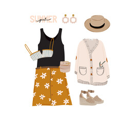 Summer fashion outfit set. Trendy woman clothes, underwaer, swimsuit, hat, bag, shoes, accessories. Beauty quotes. Vector illustration.