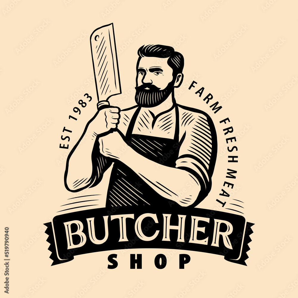 Sticker butcher with cleaver in vintage engraving style. emblem or logo for butcher shop, grill restaurant, 