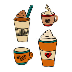 Colored Sketch doodle coffee icon set. Time for tea. Hand drawn drinks collection