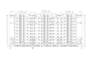 Multistory building facade, detailed architectural technical drawing, vector blueprint