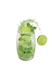 mojito, citron, menthe, cocktails  , fruit, jus, aliment, eau, frais, boire, en verre, , clapoter, sain, abattre, fraîcheur, liquide, éclaboussure, boisson, juteuse, rafraîchissement