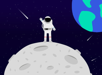 An astronaut stands on the moon. An astronaut in a suit and. Planet earth in the background. Bright starry sky and falling comets. The traveler waves his hand. Vector illustration. EPS 10