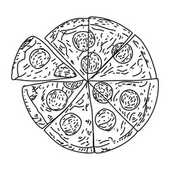 Pizza. vector illustration. Sketch style. top view. Design template. Engraved style illustration. Great for menu, poster or label. Vector.