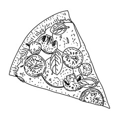 Pizza slice. vector illustration. Sketch style. Design template. Engraved style illustration. Great for menu, poster or label. Vector.