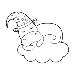 Coloring book for children. Draw a cute cartoon cute hippo sleeping on a cloud based. Vector isolated on a white background.