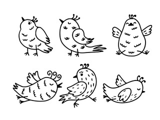 Birds collection. Set of cute hand drawn birds in doodle style. Black on white vector set.