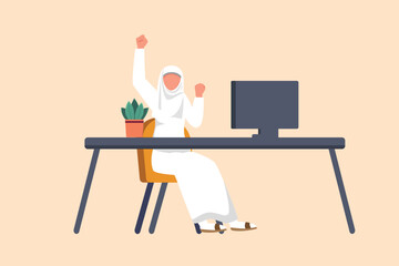 Business flat cartoon style drawing happy Arab businesswoman sitting near desk workplace with raised one hand high with the other. Worker celebrates success business achievement. Graphic design vector