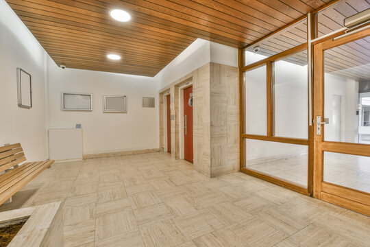 Lobby of a building with entrance to some elevators