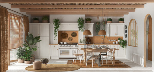 Panoramic view of contemporary wooden kitchen in white and orange tones. Dining table and appliances. Scandinavian boho interior design