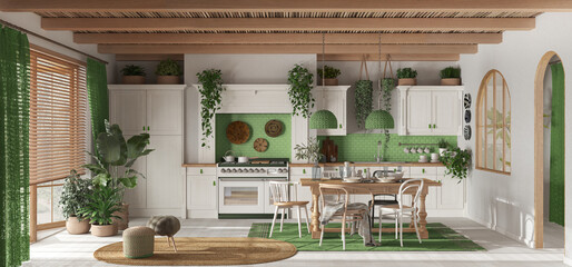 Panoramic view of contemporary wooden kitchen in white and green tones. Dining table and appliances. Scandinavian boho interior design