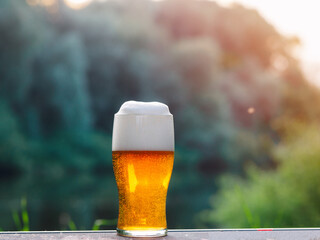 A glass of light foamy beer on the table, summer nature background copy space