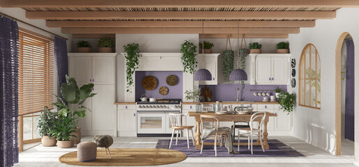 Panoramic view of contemporary wooden kitchen in white and purple tones. Dining table and appliances. Scandinavian boho interior design
