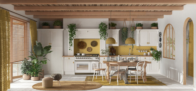 Panoramic view of contemporary wooden kitchen in white and yellow tones. Dining table and appliances. Scandinavian boho interior design