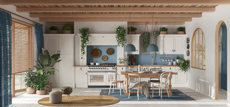Panoramic view of contemporary wooden kitchen in white and blue tones. Dining table and appliances. Scandinavian boho interior design