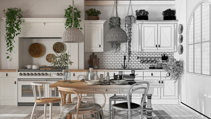 Architect interior designer concept: hand-drawn draft unfinished project that becomes real, dining table and kitchen in scandinavian boho style. Table setting. Country bohemian