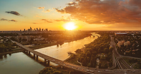 The aerial view of Warsaw panorama. Polish capital drone view