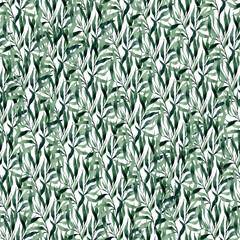 Seamless pattern of bunches of green leaves. Hand-drawn in watercolor.  It can be used for textiles, printing according to your design.