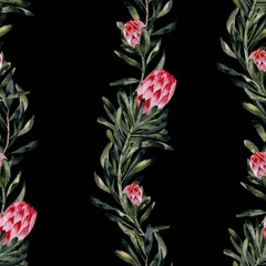 Gardinen Seamless pattern with watercolor hand-painted exotic flowers of protea and leaves. It is well suited for designer wallpaper, fabric printing, wrapping paper, fabric, laptop covers, notebooks. © Vera