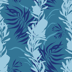 Seamless pattern with exotic blue flowers of protea and palm leaves